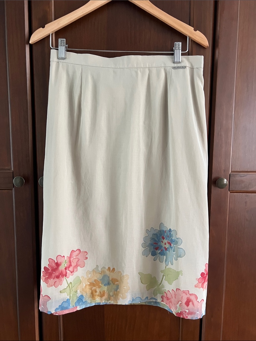 Vintage Geiger Collections Austria Floral Cotton Midi Skirt Beige Sz 44 / US 12